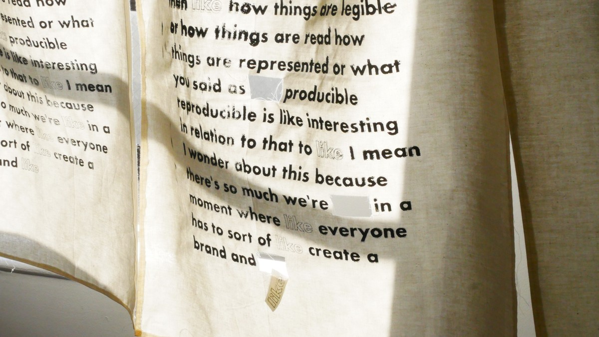 Angled view of the silkscreened transcript fabric in sunlight